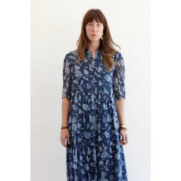 đź’•RAQUEL ALLEGRAđź’• Peasant Tiered Dress ~100% Silk Navy Blue Print Medium - Picture 2 of 16